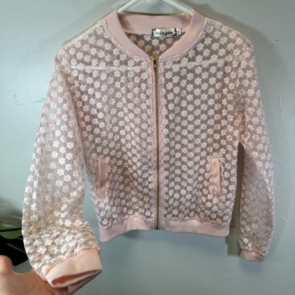sheer pink bomber jacket floral embroidery pocket mesh top festival Barbie small